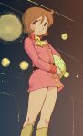 1970s_(style) 1980s_(style) 1girl battle belt black_belt boots brown_eyes brown_hair closed_mouth commentary_request contrail dress earth_federation energy_beam explosion faux_retro_artstyle feet_out_of_frame fraw_bow freckles gundam haro highres holding indoors kemi_(kemi433) military_uniform mobile_suit_gundam neckerchief non-humanoid_robot pet pink_dress raised_eyebrow retro_artstyle robot sad science_fiction short_dress short_hair sideways_glance sleeve_cuffs solo standing war yellow_boots yellow_neckerchief 