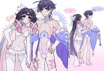  1boy 1girl absurdres ahoge alternate_costume armpit_crease artist_name ass_visible_through_thighs bare_shoulders black_hair blunt_bangs bow bra breasts bright_pupils center-flap_bangs choker choppy_bangs closed_mouth collarbone colored_inner_hair colored_speech_bubble columbina_(genshin_impact) contrapposto cracked_skin crescent crescent-shaped_pupils crescent_hair_ornament detached_sleeves english_text eyeliner eyeshadow facing_another gears genshin_impact gradient_hair grey_eyes grey_eyeshadow hair_bow hair_ornament hair_ribbon half-closed_eyes hand_on_own_hip heart heart_pasties height_difference hetero highleg highres hole_in_chest hole_on_body huge_ahoge lace lace-trimmed_choker lace_choker lace_trim lacycoffinn leaning_on_person leaning_to_the_side light_blush long_hair looking_at_another looking_at_viewer looking_back makeup medium_breasts midriff multicolored_hair multiple_views multiple_wings navel o3o off_shoulder outline panties pantyhose pasties pectorals pink_bow pink_bra pink_eyeshadow pink_hair pink_nails pink_panties pink_sleeves pink_thighhighs purple_eyes purple_hair red_eyeliner ribbon scaramouche_(genshin_impact) speech_bubble standing symbol-shaped_pupils thighhighs tress_ribbon underwear very_long_hair wanderer_(genshin_impact) white_background white_choker white_outline white_pantyhose white_pupils white_ribbon white_wings wing_hair_ornament wings 