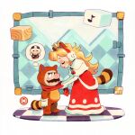  1boy 1girl absurdres alternate_costume brown_tail capelet crown dress earmuffs facial_hair gloves highres long_hair mario mario_(series) mustache note_block_(mario) nuri_durr princess_peach raccoon_tail red_dress red_scarf scarf speech_bubble super_mario_bros._3 tail tanuki_mario thought_bubble two-tone_tail white_capelet white_gloves 
