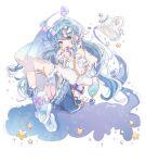  1girl absurdres asymmetrical_legwear bare_shoulders blue_eyes blue_hair blue_shorts blue_socks blush candy closed_mouth commentary_request fishnet_socks fishnets food food_in_mouth full_body grey_socks heart heart-shaped_food heart-shaped_lollipop highres knees_up lollipop lollipop_in_mouth long_hair long_sleeves looking_at_viewer mismatched_legwear muto_095 original shaped_lollipop shirt shorts signature simple_background sitting socks solo striped_clothes striped_socks teapot vertical-striped_clothes vertical-striped_socks white_background white_shirt 