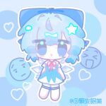  1girl :d blue_background blue_bow blue_dress blue_eyes blue_hair blush_stickers bow chibi chibi_only chinese_commentary circled_9 cirno collared_shirt commentary_request dress dripping_eye full_body hair_bow hair_intakes heart heart_background ice ice_wings kneehighs looking_at_viewer neck_ribbon no_shoes open_mouth outline pinafore_dress red_ribbon ribbon shirt short_hair short_sleeves sleeveless sleeveless_dress smile socks solo standing star_(symbol) touhou white_outline white_shirt white_socks wings yan_yan_yu_shui 