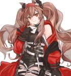  1girl absurdres angelina_(arknights) angelina_(distinguished_visitor)_(arknights) animal_ears arknights belt black_belt black_collar black_gloves black_leotard brown_hair carabiner chinese_commentary coat collar commentary_request covered_navel cowboy_shot dot_nose fe fengkuang_jinshi_de_ji'e_zhadan fox_ears fox_girl gloves hairband headgear highres holding holding_letter infection_monitor_(arknights) leotard letter long_hair looking_at_viewer multicolored_hairband official_alternate_costume open_clothes open_coat orange_eyes red_coat red_hairband simple_background single_off_shoulder smile solo striped_clothes striped_hairband thigh_strap twintails two-tone_hairband very_long_hair white_background white_belt 
