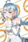  1girl absurdres ahoge bare_shoulders blue_eyes blue_hair blush braid breasts character_name collarbone commentary_request covering_own_mouth cowboy_shot elbow_gloves flower_hairpin gloves hair_ornament hairclip hand_over_own_mouth highres long_hair looking_at_viewer moko-rider see-through_clothes seed_(zenless_zone_zero) solo white_gloves zenless_zone_zero 