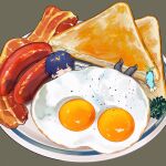  1boy absurdres blue_hair bread bread_slice brown_background chibi closed_eyes closed_mouth commentary food fried_egg glasses grey_pants hair_between_eyes highres kome_non leos_vincent male_focus mameneko_(leos_vincent) mini_person nijisanji pants plate sausage short_hair simple_background toast unworn_eyewear virtual_youtuber 