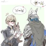  1boy 1girl animal animal_ears armor ascot blindfold_mask blonde_hair blue_surcoat blue_tunic bread brother_and_sister commentary_request duchess_(elden_ring) eating elden_ring elden_ring_nightreign eye_mask food half_eye_mask helmet highres holding holding_animal holding_rabbit mask open_mouth ornate_clothes pita_(food) rabbit rabbit_ears scale_armor siblings signature single_sidelock speech_bubble tina_(tinashan2) tunic white_ascot winged_helmet wylder_(elden_ring) 