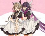  2girls akaneya_(akaneya1484) alternate_costume apron behind_another black_dress black_hair blue_eyes blush brown_hair closed_eyes colored_inner_hair columbina_(genshin_impact) commentary_request cowboy_shot dated dress enmaided frilled_apron frills genshin_impact hair_bun hair_flaps hair_ornament long_hair long_sidelocks maid maid_apron maid_headdress multicolored_hair multiple_girls multiple_wings open_mouth pink_background puffy_short_sleeves puffy_sleeves purple_hair purple_streaks sandrone_(genshin_impact) short_hair_with_long_locks short_sleeves sidelocks signature single_hair_bun streaked_hair twitter_username two-tone_background very_long_hair waist_apron watermark watermark_grid white_apron white_background white_headdress white_wings white_wrist_cuffs wing_hair_ornament wings wrist_cuffs 