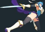  1girl absurdres ahoge armor armpits ass belt black_thighhighs blue_hair blue_tunic boots breastplate breasts brooch commission commissioner_upload confident elbow_gloves fire_emblem fire_emblem:_genealogy_of_the_holy_war gloves gloves_over_elbow_gloves hand_on_own_chest hand_up headband highres holding holding_sword holding_weapon jewelry large_breasts looking_at_viewer namicha no_panties original pelvic_curtain popped_collar purple_eyes sash selia_(mrtalkingdino) short_hair shoulder_armor sidelocks skeb_commission sleeveless smile solo sword thick_thighs thighhighs thighs tomboy tunic underbutt weapon white_headband 