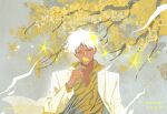  1boy akagi_shigeru animal_print branch closed_eyes collared_shirt commentary_request covered_mouth dated_commentary facing_viewer floating_clothes fukumoto_mahjong ginkgo_leaf ginkgo_tree hand_up highres holding holding_leaf jacket leaf long_sleeves male_focus old old_man open_clothes open_jacket popped_collar sakey1997 shirt short_hair solo star_(symbol) striped_clothes striped_jacket striped_suit suit suit_jacket ten_(manga) tiger_print twitter_username upper_body white_hair white_jacket white_suit wrinkled_skin yellow_shirt 