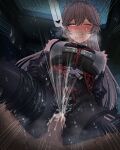  1boy 1girl art_undertaker assertive_female black_bodystocking black_groza_(girls'_frontline_2) blush boots breasts brown_hair clothed_female_nude_male clothed_sex commander_(girls'_frontline) cowgirl_position cum cum_in_clothes cum_in_pussy cum_overflow cum_through_clothes english_commentary female_ejaculation female_orgasm from_below girl_on_top girls'_frontline girls'_frontline_2:_exilium hair_between_eyes hand_on_own_crotch heart hetero highleg highres long_hair looking_at_viewer looking_down medium_breasts nude orange_eyes orgasm ots-14_(girls'_frontline) penetration_through_clothes penis pov pussy_juice pussy_juice_drip_through_clothes skin_tight solo_focus spoken_heart spread_legs straddling thigh_boots thighs vaginal very_long_hair yellow_eyes 