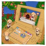  5girls :o animal_crossing apple apple_tree arms_at_sides black_pantyhose blonde_hair border bow bowtie butterfly_net character_name charlotte_(madoka_magica) chibi chibi_only clone drill_hair facing_away flower food from_behind fruit grass hand_net handheld_game_console holding holding_butterfly_net holding_stylus juliet_sleeves legs_apart long_sleeves mahou_shoujo_madoka_magica mahou_shoujo_madoka_magica:_hangyaku_no_monogatari mini_person minigirl mitakihara_school_uniform morinokunika multiple_girls nintendo_ds no_nose outdoors pantyhose parody parted_lips path peach peach_tree pleated_skirt puffy_sleeves school_uniform skirt sky standing stylus tomoe_mami tree triangle_mouth twin_drills video_game_dialogue_box white_border wide_shot witch_(madoka_magica) yellow_eyes 