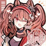 1girl angelina_(arknights) animal_ears arknights barcode black_collar black_gloves brown_hair collar commentary_request dot_nose fox_ears fox_girl gloves grid_background hair_between_eyes hairband heart highres infection_monitor_(arknights) long_hair looking_at_viewer multicolored_hairband one-hour_drawing_challenge one_eye_closed red_eyes red_hairband shirocha_tei solo striped_clothes striped_hairband twintails twitter_username two-tone_hairband upper_body v watermark watermark_grid 