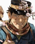  1boy absurdres backpack bag black_hat blue_coat brown_eyes brown_hair cherry_blossoms coat commentary_request falling_petals golden_kamuy hat highres kepi looking_at_viewer male_focus military_hat military_uniform peaked_cap petals scar scar_on_face scar_on_mouth scarf short_hair simple_background smile solo sugimoto_saichi teeth ton_(ton19130318) upper_body white_background yellow_scarf 