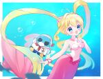  1girl ahoge air_bubble anchor anchor_print anchor_symbol arm_up ascot bare_shoulders bikini bird blonde_hair blue_background blue_eyes blue_shorts border bracelet bubble commentary_request dixie_cup_hat earrings fins fish hair_between_eyes hair_intakes hair_ornament hat hippo_(mermaid_melody_pichi_pichi_pitch) jewelry long_hair long_sidelocks merfolk mermaid mermaid_melody_pichi_pichi_pitch midriff military_hat monster_girl nanami_lucia navel neckerchief necklace outside_border pearl_bracelet penguin pink_tail red_ascot sailor sailor_collar sailor_hat sailor_shirt seashell shell shell_bikini shell_earrings shell_hair_ornament shell_necklace shirt shorts sidelocks solid_circle_pupils solo swimsuit twintails two-tone_background underwater very_long_hair white_border white_hat white_shirt yazawaribii 