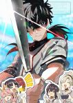  1boy 1other 3girls ahoge animal_ear_fluff baseball_(sport) baseball_bat baseball_jersey baseball_uniform black_hair blonde_hair blue_sky bow bowl bracelet braid cheering choker closed_eyes crimson_codex_(fate) earrings eating fate/grand_order fate/samurai_remnant fate_(series) food fox_girl hair_bow hair_over_shoulder heart highres holding holding_baseball_bat holding_bowl jersey jewelry long_hair long_single_sidelock low_ponytail male_focus messy_hair metal_baseball_bat miyamoto_iori_(fate) miyamoto_iori_(fgo_fes._2026)_(fate) miyamoto_musashi_(fate) multiple_girls necklace noodles official_alternate_costume ogasawara_kaya onigiri open_mouth orange_eyes pink_hair pirohi_(pirohi214) ponytail short_sleeves single_braid single_sidelock sky solo_focus sportswear tamamo_aria_(fate) udon watermark wristband yamato_takeru_(fate) yellow_bow 