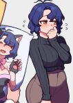  1boy 1girl animal_ear_fluff animal_ears animal_hands antenna_hair averting_eyes black_sweater blue_hair blush bow bowtie breast_press breasts brown_skirt cat_ears clenched_hand closed_eyes commentary_request dakimakura_(object) flying_sweatdrops gloves hand_up holding holding_pillow idolmaster idolmaster_million_live! idolmaster_million_live!_theater_days kwaejina large_breasts long_sleeves nyannyan_cat's_eye_(idolmaster) open_mouth out_of_frame p-head_producer paw_gloves pencil_skirt pillow pink_bow pink_bowtie producer_(idolmaster) short_hair sidelocks skirt smile sweater toyokawa_fuka wavy_hair yellow_eyes 