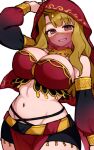  1girl arabian_clothes arm_up blonde_hair blush breasts brown_eyes commentary_request cowboy_shot detached_sleeves groin idolmaster idolmaster_million_live! kwaejina large_breasts linea_alba long_hair looking_at_viewer miyao_miya mouth_veil navel paid_reward_available pelvic_curtain red_veil revision see-through_clothes see-through_veil simple_background smile solo standing stomach veil white_background 