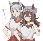  2girls animal_ears beanie blunt_bangs blush bow breasts brown_hair brown_hat closed_mouth clothes_around_waist collarbone commentary_request ear_bow ears_through_headwear gold_ship_(umamusume) grey_hair grey_hat gym_shirt hair_between_eyes hat highres horse_ears horse_girl jacket jacket_around_waist kiri_rio7 long_hair multiple_girls nakayama_festa_(umamusume) open_mouth pillbox_hat purple_eyes red_jacket shirt smile tracen_training_uniform track_jacket umamusume white_shirt 