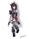  1girl ahoge animal_ear_headphones animal_ears arm_belt artist_name asymmetrical_sleeves bandaid bandaid_on_leg bare_shoulders bat_wings belt black_choker black_hair black_nails black_shoes black_sweater cat_ear_headphones cat_ears choker commentary cross-laced_clothes cross-laced_dress dress eyeball_hair_ornament fake_animal_ears full_body headphones highres layered_dress leg_belt long_sleeves looking_at_viewer loose_socks mahou_shoujo_no_majo_saiban multicolored_hair nail_polish off-shoulder_sweater off_shoulder open_mouth orange_eyes orange_nails sawatari_coco sharp_teeth shirt shoes short_hair signature simple_background single_bare_shoulder single_thighhigh skirt skull smile socks solo streaked_hair striped_clothes striped_thighhighs stuffed_animal stuffed_cat stuffed_toy sweater teeth thighhighs twitter_username untranslatable_commentary white_background white_shirt white_skirt wide_sleeves wings yumekichi_(yumemamem) 