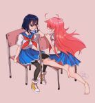  2girls absurdres aikidork_(aikidai) anklet barefoot black_pantyhose blue_hair chair closed_mouth commentary flip_flappers full_body highres jewelry kokomine_cocona multiple_girls neckerchief open_mouth orange_hair pantyhose papika_(flip_flappers) pink_background pleated_skirt red_neckerchief school_chair school_uniform shoes short_hair simple_background sitting sitting_backwards skirt sneakers 