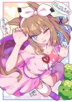  +_+ 1girl almond_eye_(umamusume) animal_ears blue_eyes blush bow bow_hairband braid braided_sidelocks breasts brown_hair clothing_cutout colored_inner_hair commentary_request cropped_shirt hair_between_eyes hair_ornament hairband hairclip highres horse_ears horse_girl horse_tail kan_lee kappa layered_skirt long_hair looking_at_viewer medium_breasts meni_shuki_rush-sshu! multicolored_hair one_eye_closed open_mouth pink_shirt pink_shoes pink_skirt pink_socks shirt shoes shoulder_cutout sidelocks skirt smile socks speech_bubble symbol-shaped_pupils tail translation_request umamusume white_hairband x-shaped_pupils 