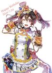  1girl :d \m/ artist_name back_bow birthday black_gloves blouse bodice bow buttons double-breasted english_commentary frilled_sleeves frills gloves gold_ribbon gold_trim hair_between_eyes hair_bow hair_ribbon happy_birthday highres kanoir love_live! love_live!_school_idol_project neck_ribbon one_eye_closed open_mouth pointing pointing_up red_bow red_eyes red_ribbon ribbon shirt short_sleeves short_twintails simple_background smile solo teeth twintails upper_teeth_only vertical-striped_ribbon white_background white_bodice white_shirt yazawa_nico 