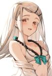  1girl bare_shoulders bikini bikini_top_only blonde_hair blush breasts collarbone commentary_request frilled_bikini frills gakuen_idolmaster grey_hair idolmaster koretsuki_azuma long_hair off_shoulder red_eyes shinosawa_hiro small_breasts solo swimsuit upper_body 