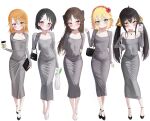  5girls :o absurdres alternate_costume ankle_strap arms_behind_back bag black_bag black_hair black_shoes blonde_hair blush bow brown_eyes brown_hair carrot cellphone collage collarbone covered_groin covered_navel cup disposable_cup dongtan_dress dress fella_(vpffk0731) fingernails flat_chest flower_hairband green_eyes grey_dress grey_jacket hair_bow hair_ornament hairband hairclip handbag highres holding holding_bag holding_cup holding_phone idolmaster idolmaster_cinderella_girls idolmaster_cinderella_girls_u149 jacket jewelry lineup long_hair long_sleeves looking_at_viewer matoba_risa medium_hair multiple_girls multiple_hairclips nail_polish necklace orange_hair phone pink_eyes plastic_bag pouch red_hairband sakurai_momoka sandals sasaki_chie shoes short_hair simple_background sleeveless sleeveless_dress smartphone smile spring_onion tachibana_arisu twintails white_shoes yellow_eyes yuuki_haru 