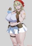  1girl :d aymusk bandaid bandaid_on_arm bandana belt blush breasts brown_choker brown_gloves brown_vest choker cleavage commentary_request covered_nipples cropped fang freckles-chan_(aymusk) gloves grey_background hair_ornament hairclip highres huge_breasts little_red_riding_hood_(fairy_tale) looking_at_viewer microskirt midriff navel open_mouth original pleated_skirt plump potion red_bandana shirt simple_background skirt smile solo standing thick_thighs thigh_strap thighs vest white_shirt white_skirt 