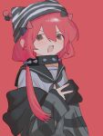  1girl animal_hat bow cat_hat collar commentary_request emo_fashion gothic_punk hair_between_eyes hair_bow hat highres long_hair nial off_shoulder original ponytail red_background red_eyes red_hair red_theme school_uniform serafuku solo spiked_collar spikes striped_clothes striped_headwear upper_body zipper 