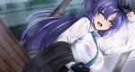  1girl arm_up bench black_gloves black_jacket blue_archive blue_necktie blush bra bra_visible_through_clothes breasts closed_eyes commentary_request facing_viewer gloves half_gloves halo highres jacket kagura_yuuto large_breasts long_hair long_sleeves mechanical_halo necktie purple_bra purple_hair see-through_clothes solo two_side_up underwear unworn_jacket wet wet_clothes yuuka_(blue_archive) 