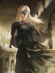  1girl black_cape black_dress blindfold_mask blonde_hair breasts cape commentary_request dark_souls_(series) dark_souls_iii detached_sleeves dress fire_keeper highres looking_at_viewer mask medium_breasts neon_punk punk 