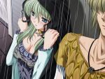  1boy 1girl 2000s_(style) blonde_hair blue_eyes blush breasts casual choker cleavage game_asset green_hair hetero hood jewelry kagashima_itsuki large_breasts long_hair mahou_senshi_(series) mahou_senshi_elixir_knights medium_breasts necklace night non-web_source official_art open_mouth outdoors parted_lips rain saitou_natsuki self-datamine smile variant_set visual_novel_cg wet wet_clothes 