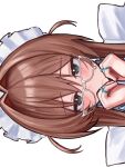  1girl alternate_costume alternate_hairstyle amiya_(arknights) arknights blue_eyes brown_hair close-up frilled_hairband frills frown glasses ha_(huton_in_mach) hair_between_eyes hair_intakes hairband hands_up highres jewelry looking_at_viewer multiple_rings portrait ring sidelocks sideways simple_background solo two_side_up white-framed_eyewear white_background 