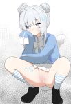  1girl absurdres averting_eyes bag bandaid bandaid_on_cheek bandaid_on_face bandaid_on_nose black_shoes blue_eyes blue_jacket blue_socks blue_sweater blush bow bowtie censored cleft_of_venus closed_mouth collared_shirt commentary double_bun facial_mark full_body gauze gauze_on_cheek gosegu grey_hair hair_bun highres hr_(user_hwvf7348) isegye_idol jacket korean_commentary korean_text long_sleeves looking_to_the_side no_panties pleated_skirt pussy shirt shoes sidelocks sideways_glance skirt sleeves_past_fingers sleeves_past_wrists socks solo spread_legs squatting star_(symbol) star_facial_mark striped_clothes striped_socks sweater virtual_youtuber waktaverse white_background white_bow white_bowtie white_skirt wings 