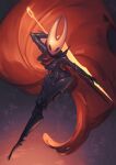  1girl absurdres arthropod_girl artist_name black_background black_skin cath_na cloak colored_skin commentary full_body highres holding holding_needle hollow_eyes hollow_knight hollow_knight:_silksong horned_mask hornet_(hollow_knight) looking_at_viewer mask needle needle_(hollow_knight) over_shoulder red_cloak simple_background solo standing sword sword_over_shoulder weapon weapon_over_shoulder white_mask 