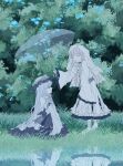  2girls bib_collar black_gloves blonde_hair capelet commentary_request cross_ornament dress flower frilled_capelet frilled_dress frilled_skirt frilled_sleeves frills gloves grass hat hat_flower highres hikami_meruru holding holding_umbrella korean_commentary kq94469 long_hair long_sleeves mahou_shoujo_no_majo_saiban multiple_girls neck_ribbon priestess reflection reflective_liquid ribbon sitting skirt spoilers transparent transparent_umbrella tsukishiro_yuki umbrella veil very_long_hair water white_capelet white_dress white_eyes white_gloves white_hair white_hat white_veil wide_sleeves 