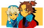  1boy 1girl :3 :p animification arm_around_neck black_eyes black_shirt blonde_hair blue_coat blue_dougi blue_gloves blush_stickers border brown_eyes brown_hair closed_mouth coat colored_eyelashes cross_scar dougi freckles frown gloves high_ponytail hood hood_up hooded_coat jin_(ninjago) long_sleeves looking_at_viewer low-tied_sidelocks mira_(ninjago) ninjago open_clothes open_coat outside_border ponytail red_dougi scar scar_on_cheek scar_on_face shirt short_hair sidelocks simple_background single_blush_sticker single_sidelock smile tongue tongue_out turtleneck undershirt upper_body w6hwiix7kisgcrl white_border yellow_background 