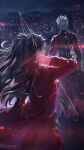  1boy 1girl archer_(fate) black_coat black_hair blue_eyes city coat commentary_request fate/stay_night fate_(series) from_behind grey_hair highres long_hair looking_at_viewer minamo_(edosei_edo) multicolored_coat night red_coat short_hair sky tohsaka_rin two-tone_coat two_side_up very_long_hair 