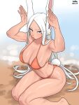  1girl absurdres alternate_costume animal_ears armpits arms_up artist_name barefoot beach bikini boku_no_hero_academia breasts cleavage collarbone commentary_request dark-skinned_female dark_skin dated hands_up highres john_doe_(tornado) korean_commentary large_breasts long_eyelashes long_hair looking_at_viewer mirko navel orange_bikini parted_bangs rabbit_ears rabbit_girl rabbit_pose rabbit_tail red_eyes solo stomach swimsuit tail tail_through_clothes thick_thighs thighs toned toned_female very_long_hair watermark white_hair 