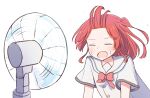  1girl bocchi_the_rock! closed_eyes electric_fan fanning_self floating_hair forehead hair_floating_upwards highres kita_ikuyo long_hair one_side_up open_mouth ra_ru_ni red_hair sailor_collar school_uniform short_sleeves simple_background solo upper_body white_background 