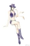  1girl black_hair boots chinese_commentary commentary_request cross-laced_clothes cross-laced_top extra_arms hat higga looking_at_viewer medium_hair nico_robin one_piece purple_boots purple_hat purple_shirt purple_skirt shirt sitting skirt solo weibo_username 