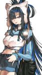  1girl :p absurdres advarcher animal_hat black_hair blue_eyes blue_hair blue_shorts blue_shrug braid breasts cat_hat collared_shirt colored_inner_hair commentary curtained_hair denim denim_shorts hat highres hololive hololive_english large_breasts long_hair long_sleeves looking_at_viewer midriff multicolored_hair navel official_alternate_costume official_alternate_hairstyle ouro_kronii shirt short_shorts shorts shrug_(clothing) simple_background single_braided_sidelock solo star-shaped_pupils star_(symbol) symbol-shaped_pupils tongue tongue_out very_long_hair virtual_youtuber way_2_u_(ouro_kronii) white_background white_shirt 