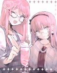 2girls :d ;d absurdres bang_dream! bang_dream!_it's_mygo!!!!! bead_necklace beads black-framed_eyewear black_hairband chihaya_anon chinese_commentary closed_mouth cocktail cocktail_glass commentary_request cup drinking_glass fang gengentan glasses grey_eyes hairband hands_up heart highres in-franchise_crossover izumi_houka jewelry long_hair long_sleeves looking_at_viewer multiple_girls necklace one_eye_closed open_mouth own_hands_together pink_hair semi-rimless_eyewear shirt sidelocks smile upper_body white_shirt 