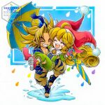  1boy 1girl animal_print blonde_hair charlotte_(seiken_densetsu_3) closed_eyes commentary_request fur-trimmed_vest fur_trim green_pants happy hat highres hori_wo jester_cap kevin_(seiken_densetsu_3) open_mouth pants print_vest seiken_densetsu seiken_densetsu_3 simple_background smile tiger_boy tiger_print vest 