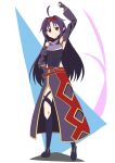  1girl :d absurdres ahoge arm_up armor bare_shoulders belt boots breastplate breasts collared_leotard commentary covered_navel detached_sleeves fingerless_gloves full_body gloves grin hair_ribbon hairband high_collar highleg highleg_leotard highres hirar1n leotard long_hair long_sleeves looking_at_viewer open_mouth pointy_ears purple_armor purple_boots purple_gloves purple_leotard purple_skirt purple_sleeves red_belt red_eyes red_hairband red_ribbon red_trim ribbon simple_background skirt small_breasts smile solo standing straight_hair sword_art_online thigh_boots white_background yellow_trim yuuki_(sao) 