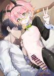  1boy 1girl absurdres ahoge animal_ears bar_censor belt black_hair black_hairband blush bow bowtie braid breast_sucking breasts censored closed_mouth coffeekite commentary_request crotchless crotchless_pantyhose detached_collar erection faceless faceless_male fake_animal_ears girl_on_top glasses gradient_hair green-framed_eyewear green_bow green_bowtie green_eyes hair_between_eyes hairband hetero highres imminent_penetration indoors long_sleeves multicolored_hair navel nipple_stimulation nipples original pants pantyhose penis pillow pink_hair playboy_bunny rabbit_ears reverse_bunnysuit reverse_outfit semi-rimless_eyewear shirt short_hair shrug_(clothing) side_braid single_braid small_breasts solo_focus stomach straddling thighhighs tinted_eyewear trembling under-rim_eyewear uni_(coffeekite) v veins veiny_penis white_shirt wrist_cuffs 