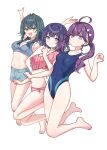  :d absurdres ahoge armpits arms_up bare_arms bare_legs bare_shoulders barefoot bikini blue_eyes blue_one-piece_swimsuit braid breasts butterfly_hair_ornament chiune_(yachi) cleavage closed_mouth commentary_request competition_swimsuit covered_navel cutoffs gakuen_idolmaster green_eyes green_hair grey_bikini grey_shorts groin hair_between_eyes hair_ornament hataya_misuzu highres idolmaster kaya_rinha medium_breasts navel one-piece_swimsuit pink_bikini purple_eyes purple_hair short_hair short_shorts shorts simple_background small_breasts smile swimsuit syngup!_(idolmaster) tsukimura_temari twintails white_background 