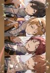  4boys akehoshi_subaru black_hair blonde_hair blue_eyes chain chain_necklace closed_mouth commentary ensemble_stars! eyewear_on_head green_eyes hair_between_eyes hidaka_hokuto index_fingers_together isara_mao jacket jewelry long_sleeves microphone multiple_boys necklace open_clothes open_jacket open_mouth orange_hair portrait red_hair shimal_l short_hair sideways smile trickstar_(ensemble_stars!) untranslatable_commentary yuuki_makoto_(ensemble_stars!) 