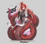  1girl bare_shoulders black_scrunchie bracelet breasts capelet covered_navel duplicate fangs fire_emblem fire_emblem_heroes full_body grey_leotard hair_ornament hair_scrunchie hand_to_own_mouth hip_armor holding holding_stuffed_toy holding_with_tail jewelry jormungandr_(fire_emblem) lamia large_breasts leotard long_hair looking_at_viewer monster_girl official_art open_mouth panties pelvic_curtain prehensile_tail red_hair red_ribbon red_scales ribbon scales scrunchie slit_pupils solo stuffed_animal stuffed_sheep stuffed_toy tail taut_clothes thong thong_panties topknot torn_clothes underwear very_long_hair white_capelet yellow_eyes yoshiku_(oden-usagi) 