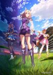  3girls :d admire_vega_(starry_nocturne)_(umamusume) admire_vega_(umamusume) animal_ears anime_coloring asymmetrical_footwear black_pantyhose blonde_hair boots brown_hair copyright_notice crown ear_covers from_below full_body gloves grass highres horse_ears horse_girl horse_racing_track horse_tail key_visual long_hair looking_at_viewer looking_to_the_side mini_crown mismatched_footwear multiple_girls narita_top_road_(the_proud_road)_(umamusume) narita_top_road_(umamusume) official_art orange_hair outdoors pantyhose promotional_art purple_boots purple_eyes purple_shorts short_hair shorts smile t.m._opera_o_(o_sole_suo!)_(umamusume) t.m._opera_o_(umamusume) tail thighhighs umamusume umamusume:_road_to_the_top white_gloves white_thighhighs 